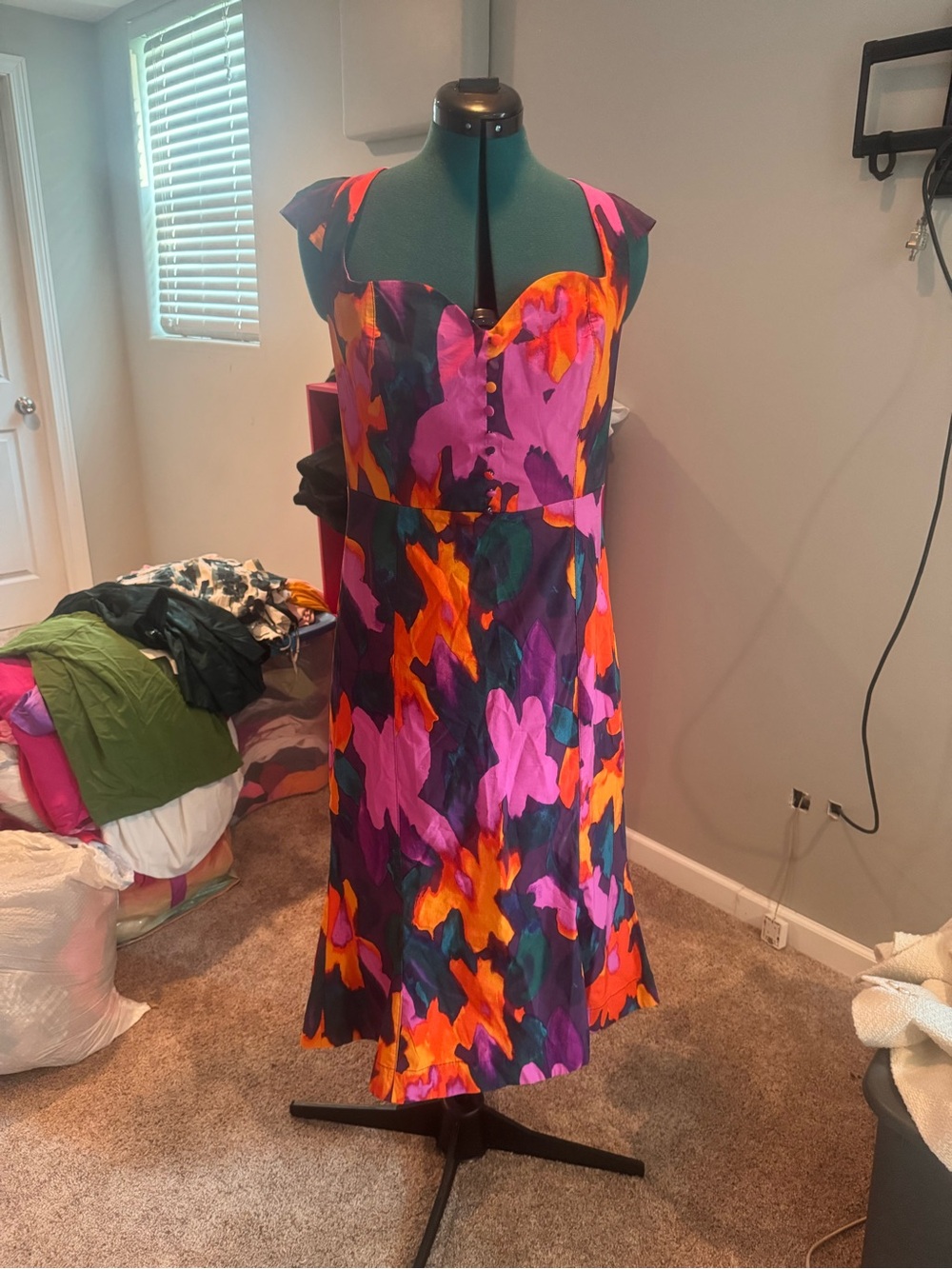 Anthropologie Multicolor Abstract Floral Midi Dress in Fuchsia, Teal & Orange